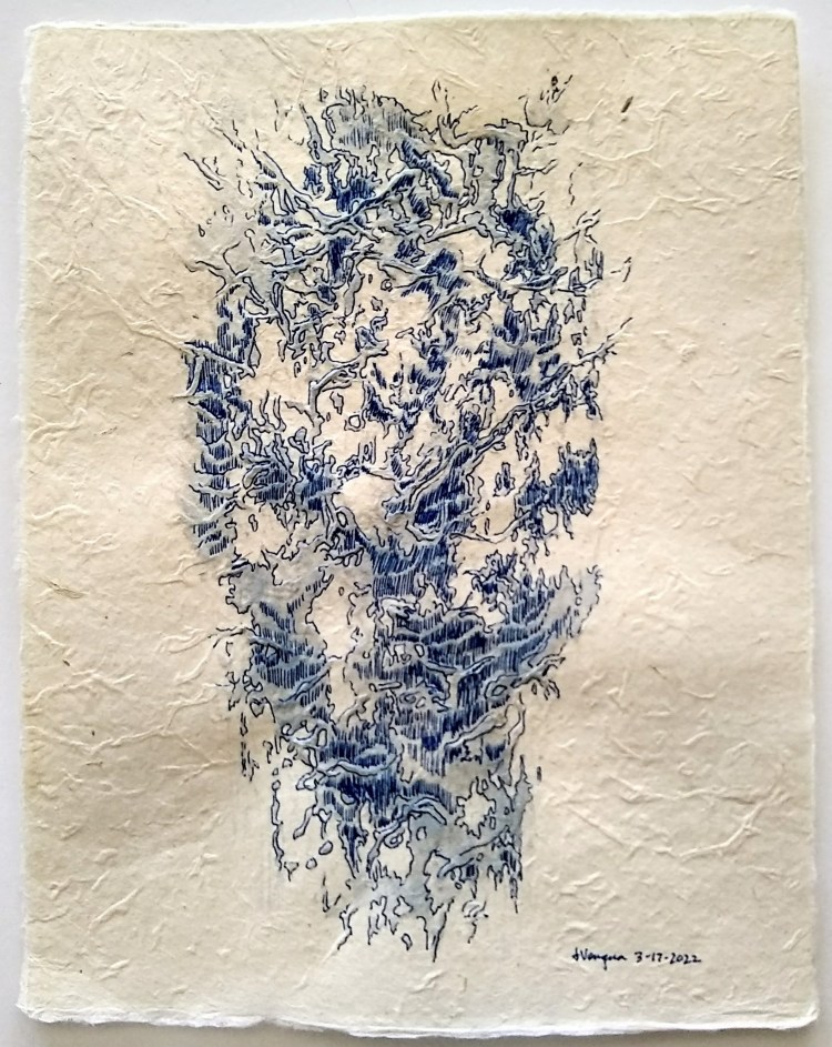 A line drawing done in blue ink on naturally-textured Lokta paper. The lines follow the intricate, branching texture of the paper.