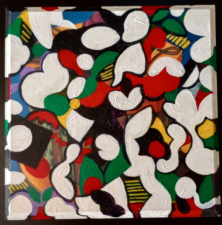 Bright, abstract colors and splooshy shapes fill a square 8.5 x 8.5 inches with beveled edges.