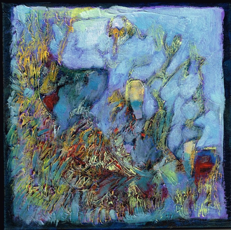 Blue chalice amid vaguely plant-like, syrupy shapes in warm colors against a blue background. The painting has a tactile quality.