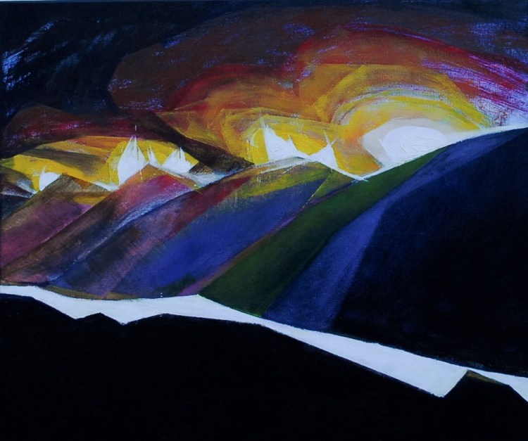 A range of blue, black, and purple mountains are portrayed against the fire creeping up from the other side. At the base of the mountains is a white road, upon which one might escape.