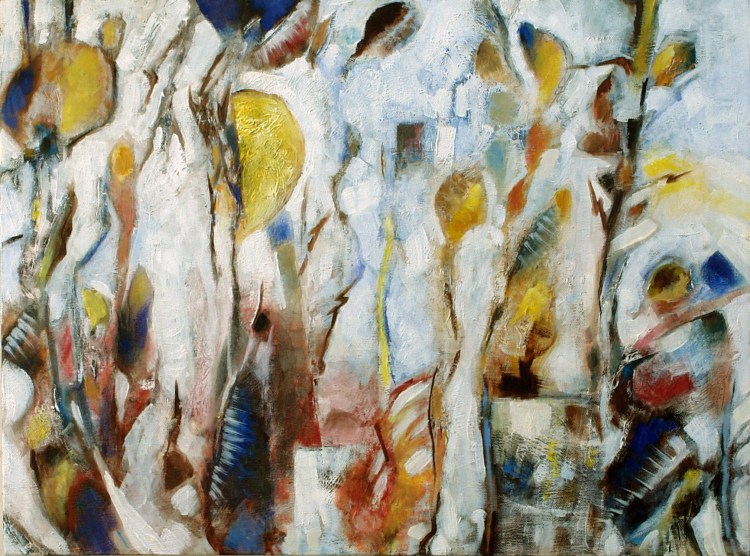 Various mult-colored seed pods and plants are portrayed as growing against a soft white sky.