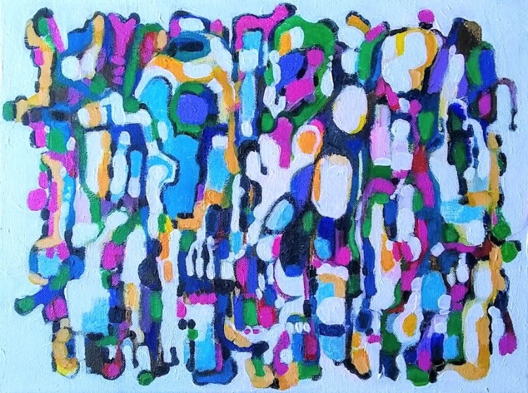 Brightly colored abstract, rounded, organic shapes on a white background.