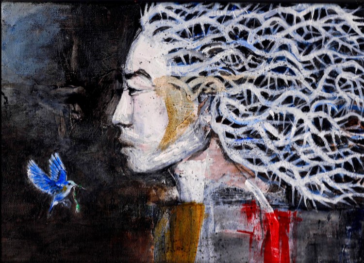 Profile of ghostly looking woman with briar branches for hair. She faces the bluebird of happiness, holding a twig in its beak. It is  hovering in front of her face, but she does not appear to see it.