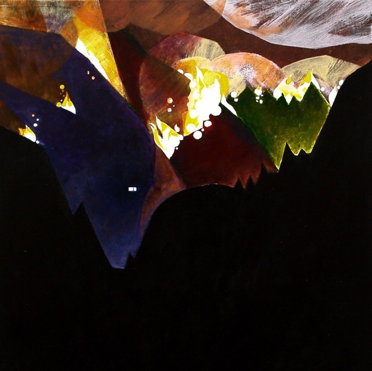 Tall mountains are silhouetted darkly  in the fireground, with fire creeping up over the tops of the mountains, In the black of the foreground, a tiny lit window suggests that people are living in a tiny house there. 