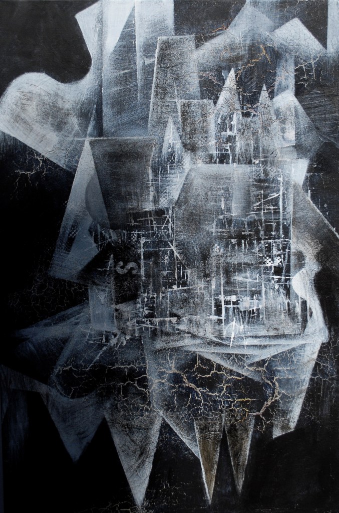 On a black background a ghostly "city" arises, balanced precariously on its icy stalagmite roots.