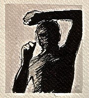 Shadowy figure appears to be knocking at a window or door.